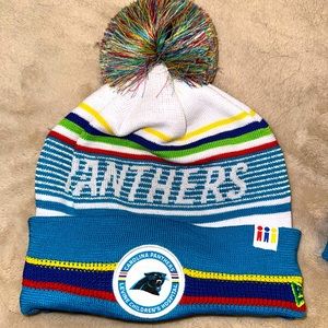 NFL Accessories- White Carolina Panthers Greg Olsen Cuffed Knit Hat with Pom
